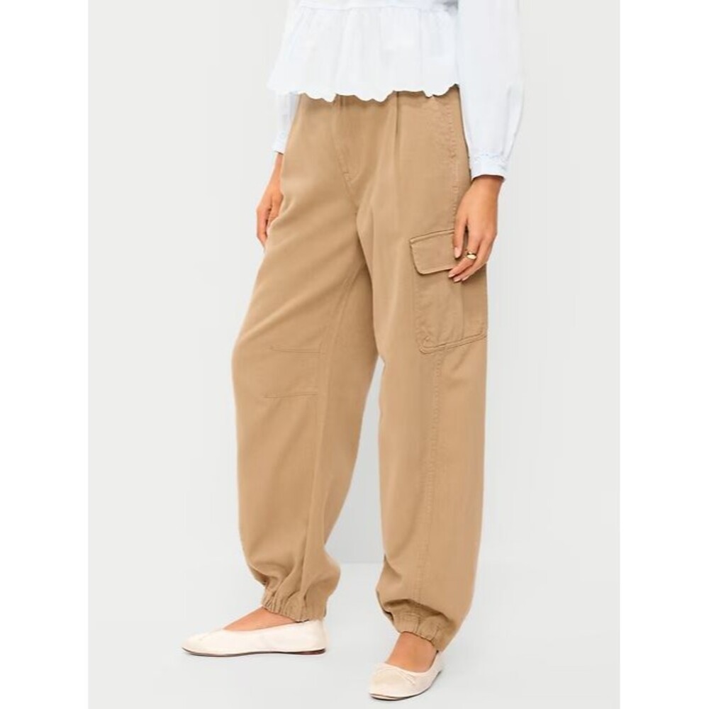 Old Navy Twill Barrel Cargo Pants Womens L Teakwood Brown Pleated Jogger NEW - Picture 1 of 12